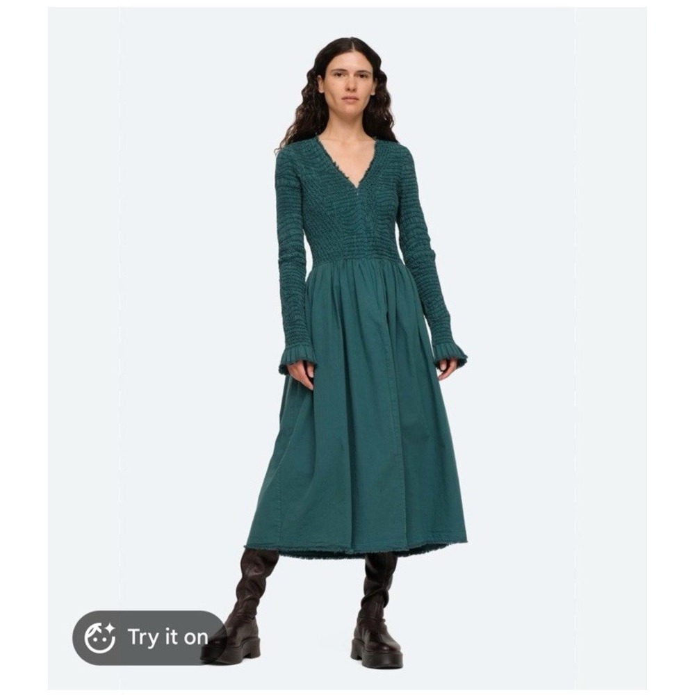 Sea New York "Casey" Emerald Green Smocked Midi Dress Sz 6 Long Sleeve